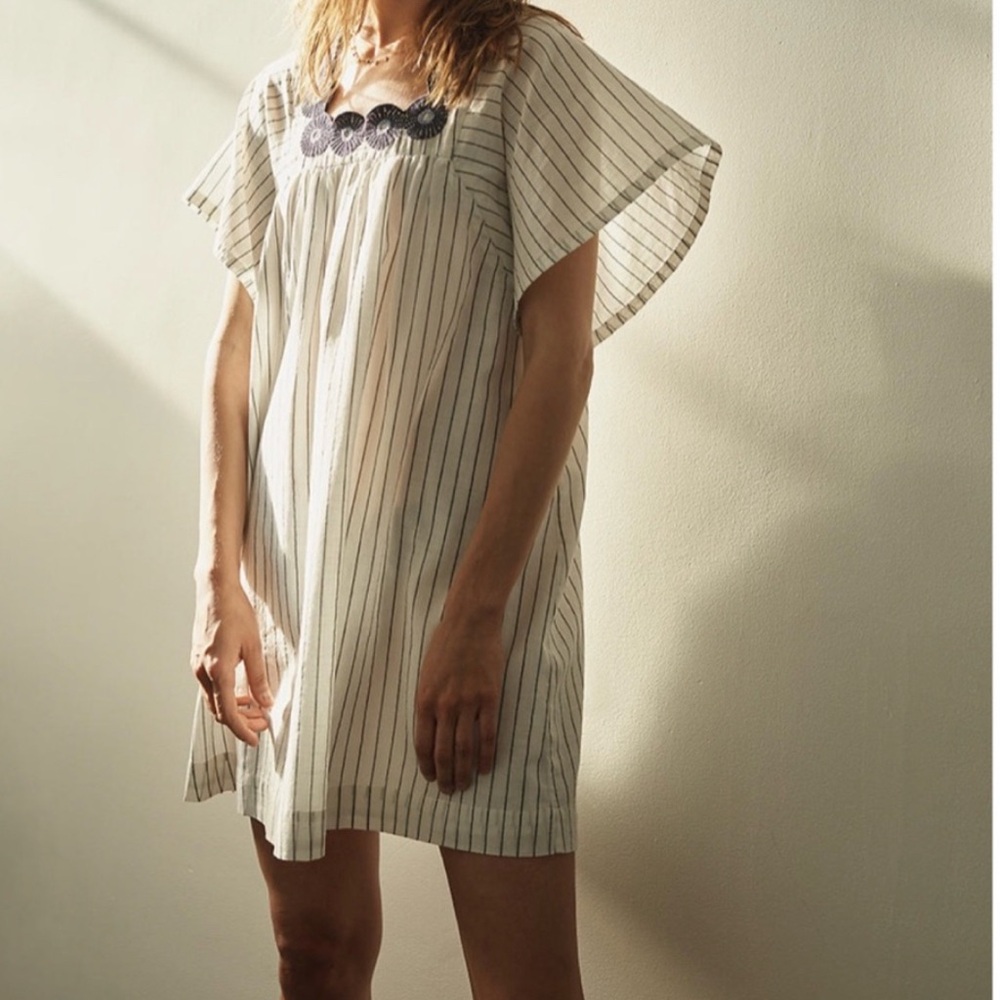 Madewell XS Embroidered Floral Striped Cotton Flare Sleeve ButterflyShift Dress